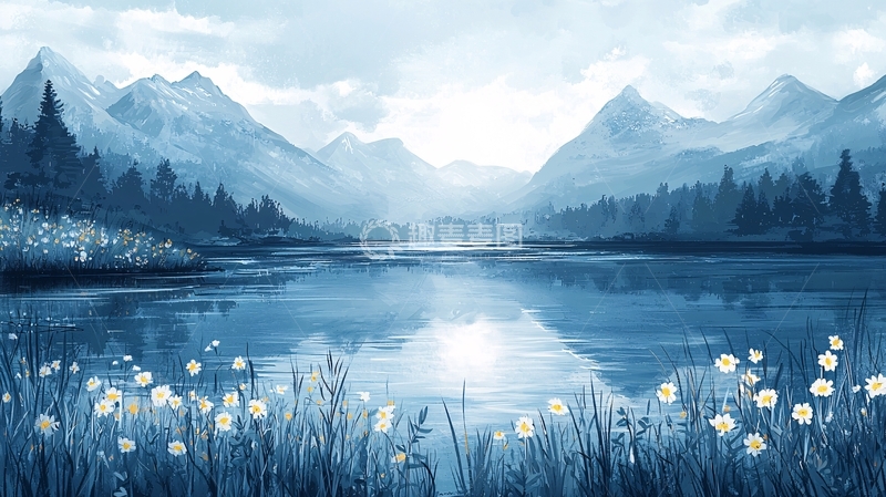 高清大图下载【趣麦麦图】宁静的蓝色山水画