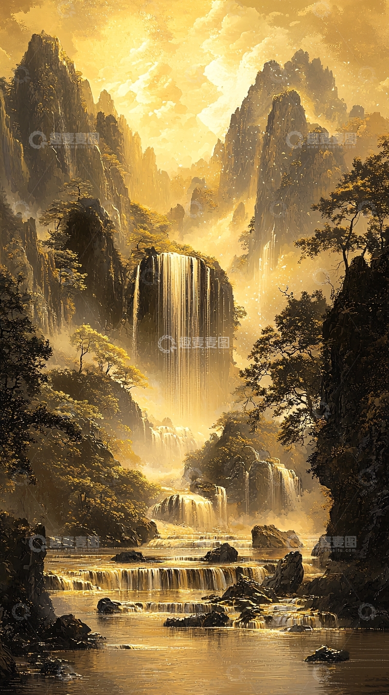 高清大图下载【趣麦麦图】金色山水瀑布风景