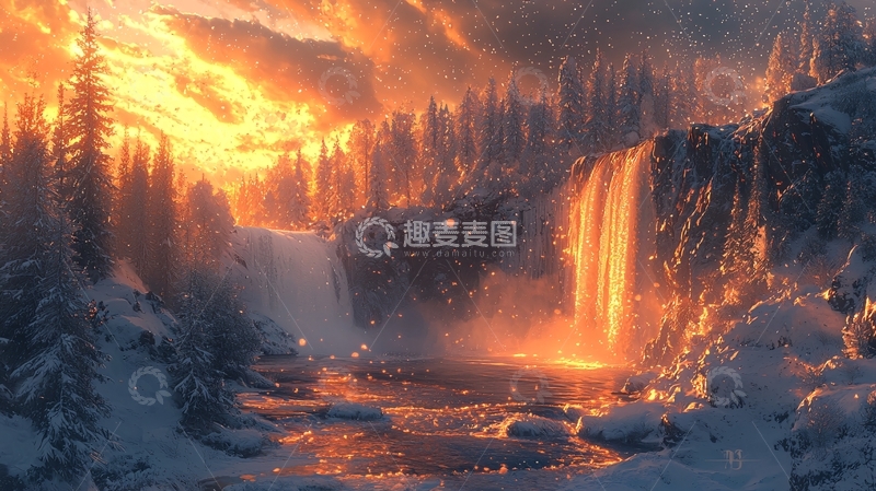 高清大图下载【趣麦麦图】壮丽雪山瀑布金色光辉