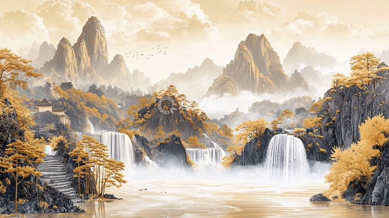 高清大图下载【趣麦麦图】金色山水瀑布如画意境