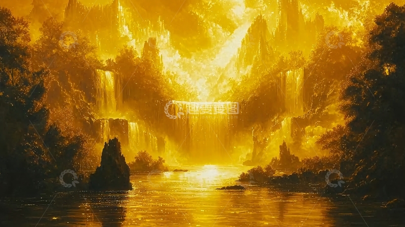 高清大图下载【趣麦麦图】金色瀑布下的神秘山谷