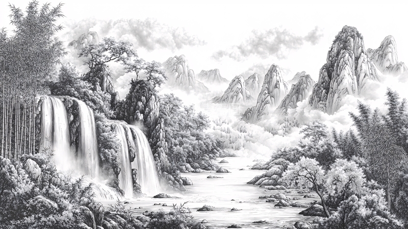 高清大图下载【趣麦麦图】水墨风格山水瀑布图