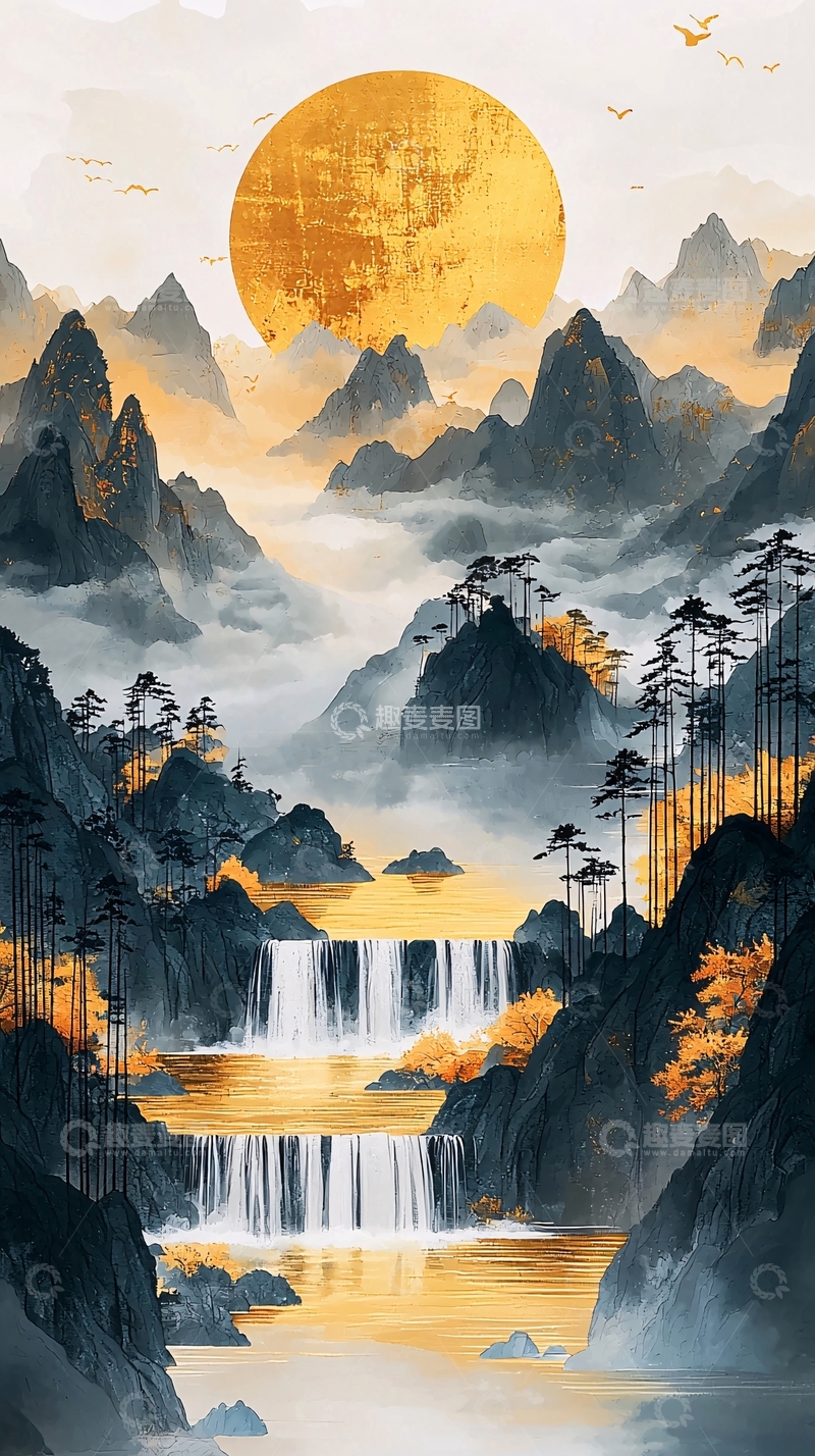 高清大图下载【趣麦麦图】金色山水风景艺术插画