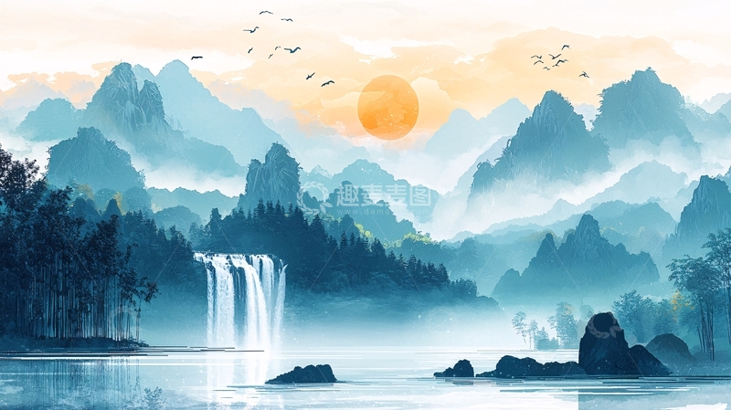 高清大图下载【趣麦麦图】水墨山水风景日出意境