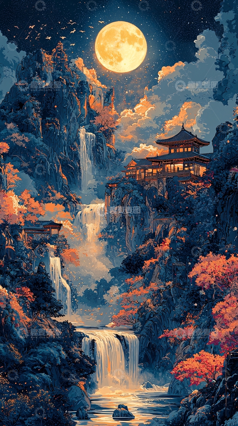 高清大图下载【趣麦麦图】水墨风山水夜景建筑