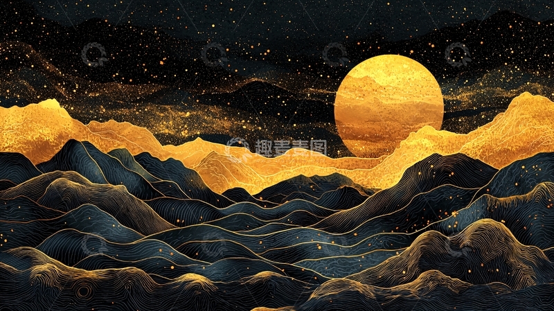 高清大图下载【趣麦麦图】金色月亮下的山脉水波