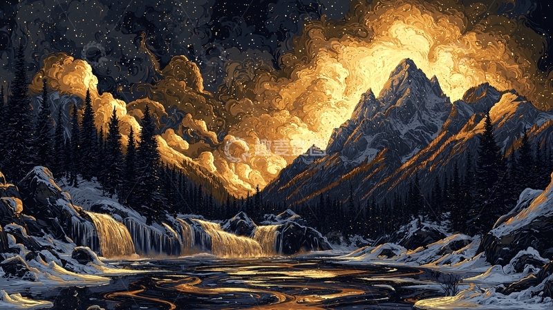 高清大图下载【趣麦麦图】雪山夜晚金色光芒