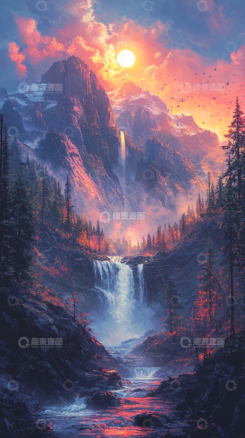 高清大图下载【趣麦麦图】壮丽山河瀑布日落美景