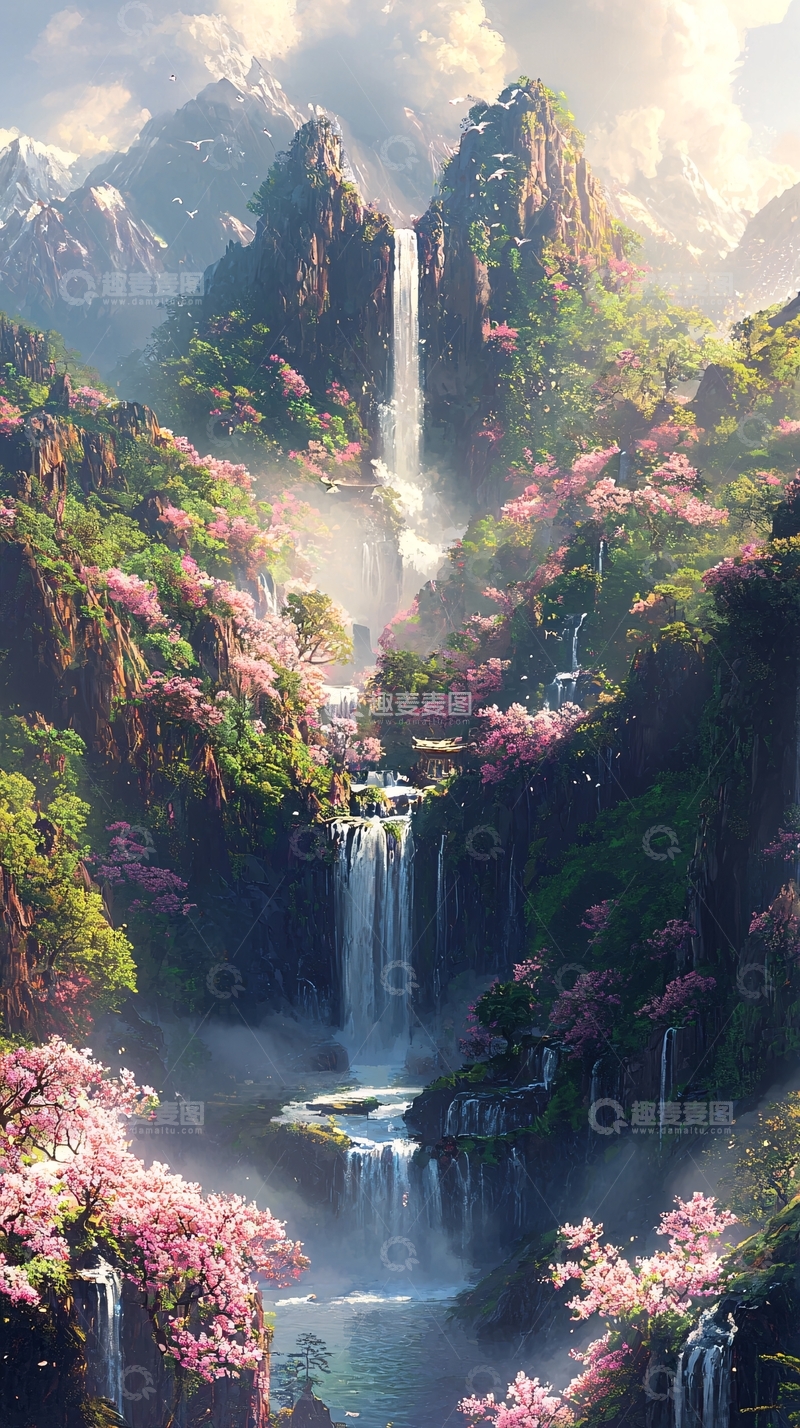 高清大图下载【趣麦麦图】壮丽瀑布山间美景