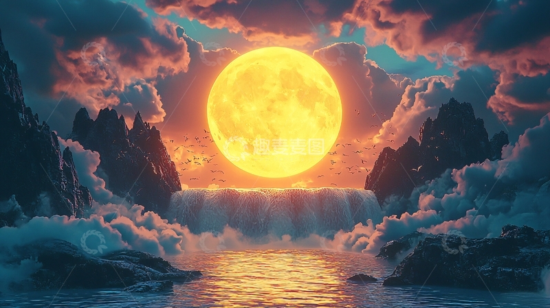 高清大图下载【趣麦麦图】金色月亮下的瀑布美景