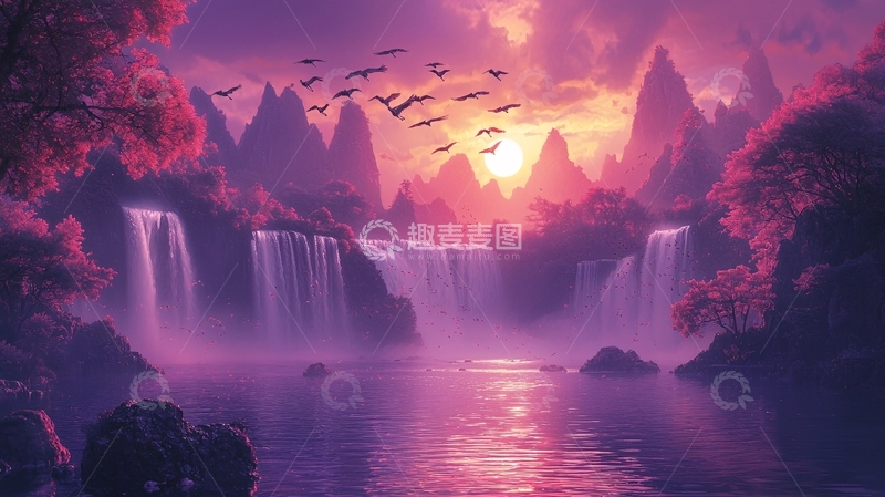 高清大图下载【趣麦麦图】梦幻紫红色瀑布山景