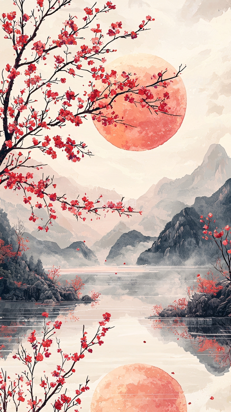 高清大图下载【趣麦麦图】水墨风格的梅花与山水