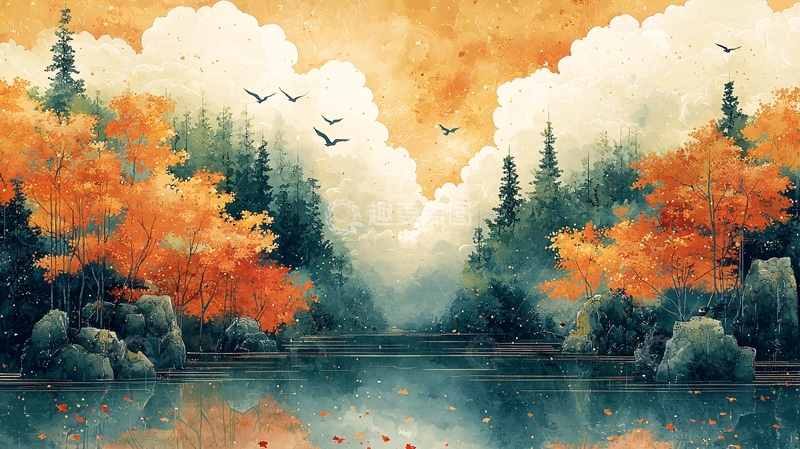 高清大图下载【趣麦麦图】秋季森林湖泊水彩画
