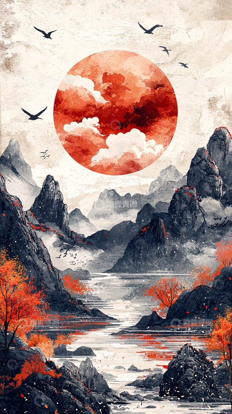 高清大图下载【趣麦麦图】水墨风红日山河