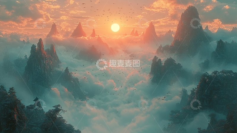 高清大图下载【趣麦麦图】云雾缭绕的山峰日出