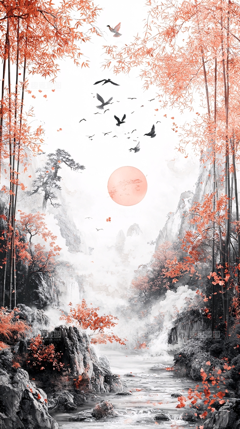 高清大图下载【趣麦麦图】水墨风红色意境山水
