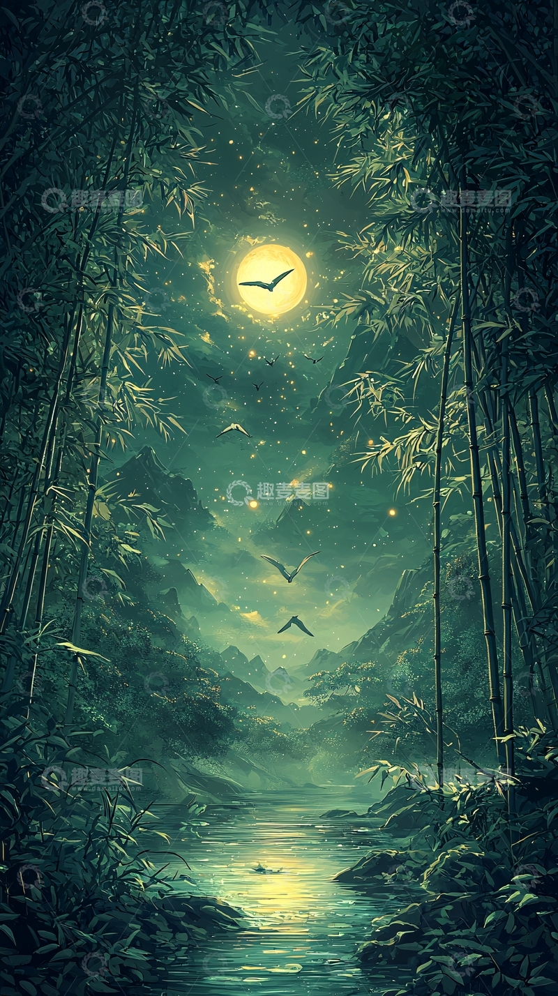 高清大图下载【趣麦麦图】月光下的竹林小溪夜景