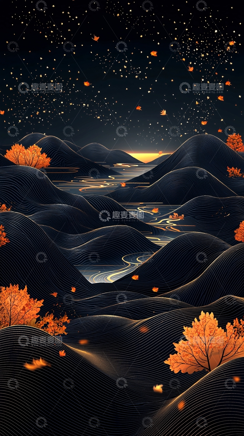 高清大图下载【趣麦麦图】黑色山脉星空下的金色树木