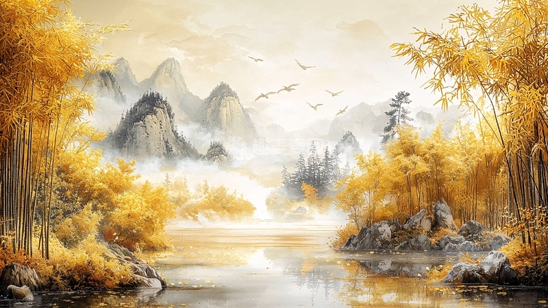 高清大图下载【趣麦麦图】金色山水竹林朦胧意境图