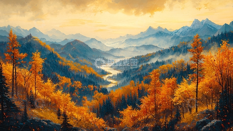 高清大图下载【趣麦麦图】秋日山间金色风景画