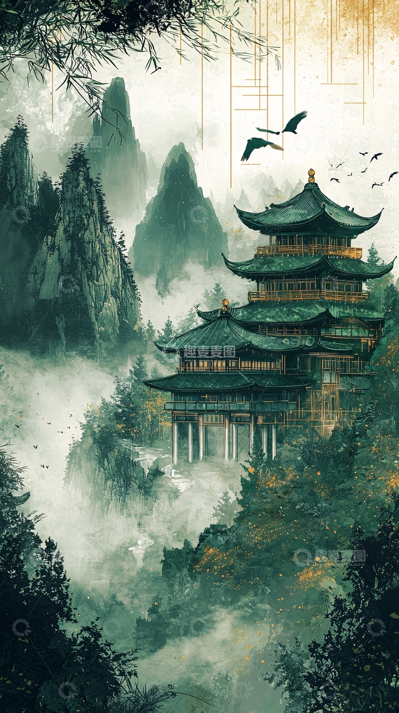 高清大图下载【趣麦麦图】山间水墨古风建筑