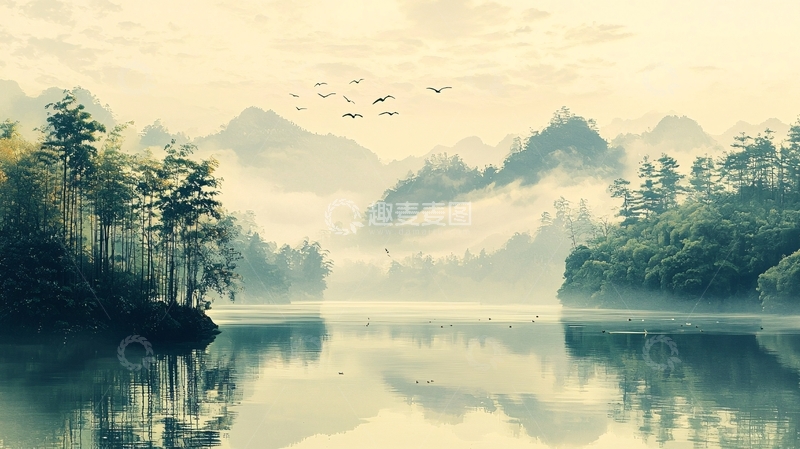 高清大图下载【趣麦麦图】水墨山水湖泊平静