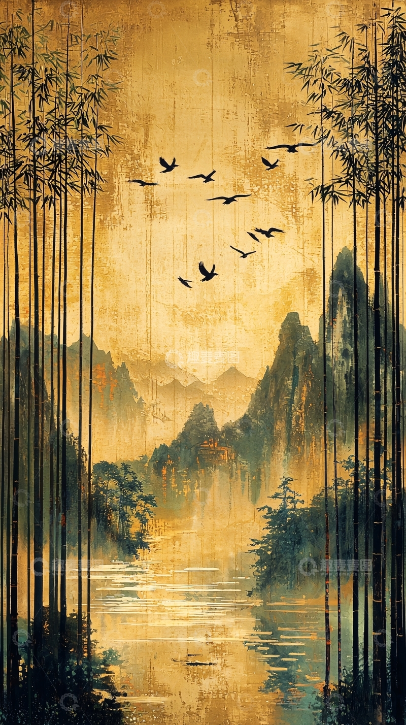 高清大图下载【趣麦麦图】水墨山水竹林飞鸟意境图