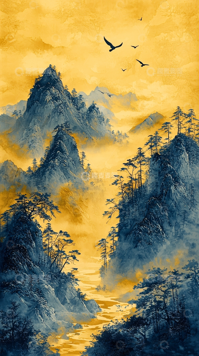 高清大图下载【趣麦麦图】水墨山水飞鸟唯美意境