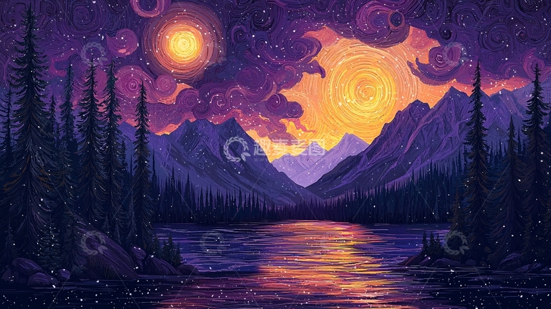 高清大图下载【趣麦麦图】星空山水夜景油画