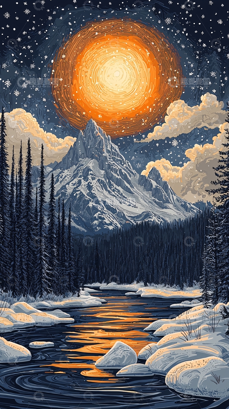 高清大图下载【趣麦麦图】雪山月夜下的宁静
