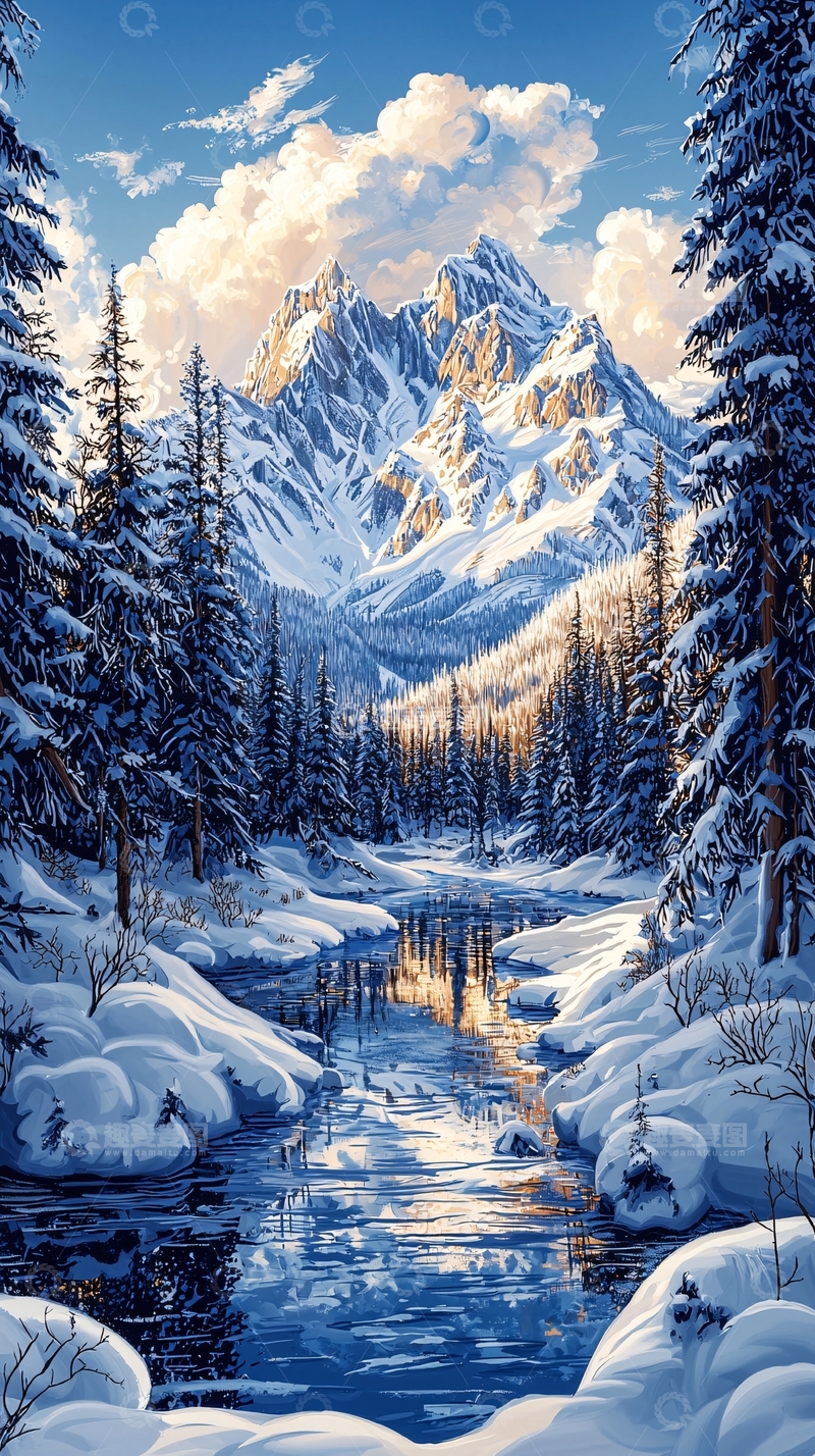 高清大图下载【趣麦麦图】雪山下的森林河流