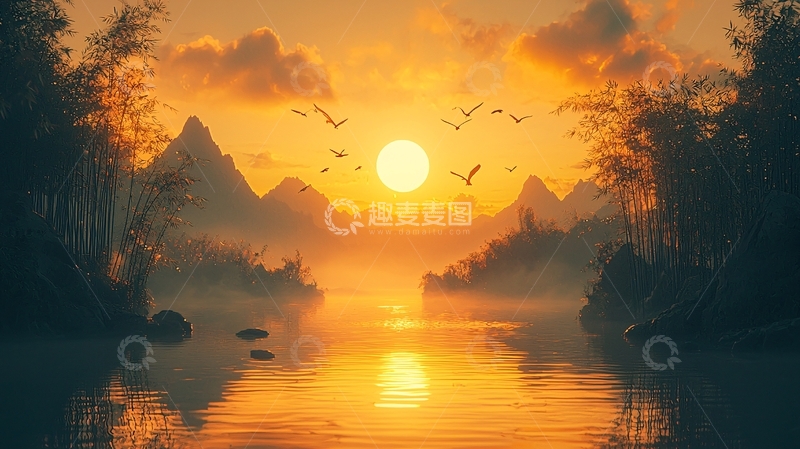 高清大图下载【趣麦麦图】金色夕阳下的山水画