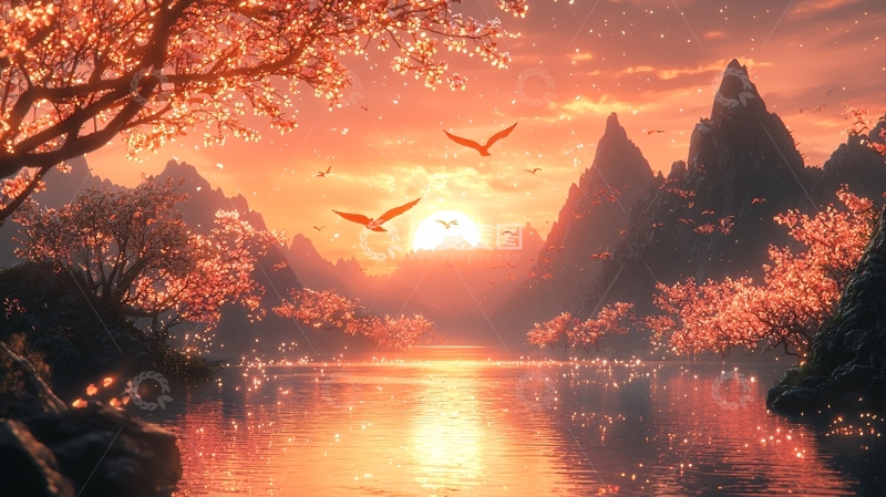 高清大图下载【趣麦麦图】山水画意境夕阳