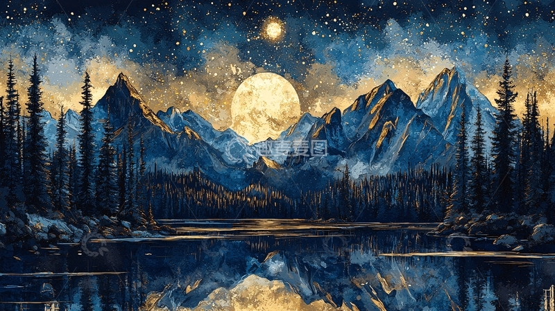 高清大图下载【趣麦麦图】月夜山水森林倒影