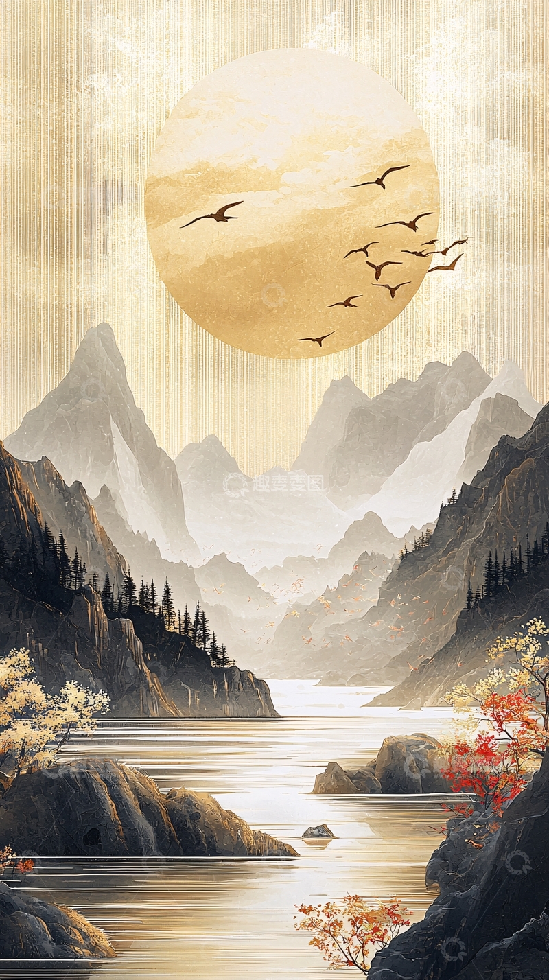 高清大图下载【趣麦麦图】水墨山水飞鸟夕阳唯美意境