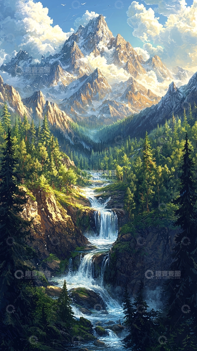 高清大图下载【趣麦麦图】山间流水瀑布的壮丽景色