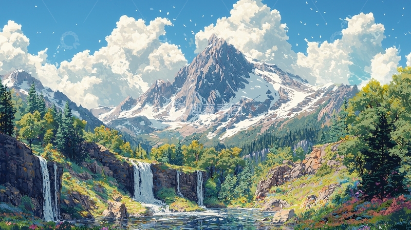 高清大图下载【趣麦麦图】山川瀑布云朵交织的美景