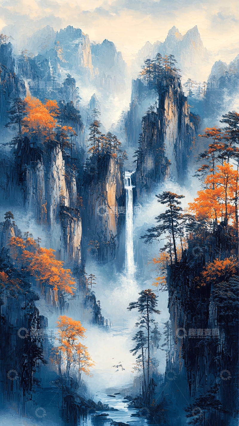 高清大图下载【趣麦麦图】水墨山水瀑布秋色