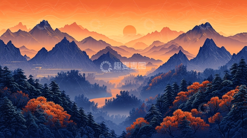 高清大图下载【趣麦麦图】层峦叠嶂的群山日落