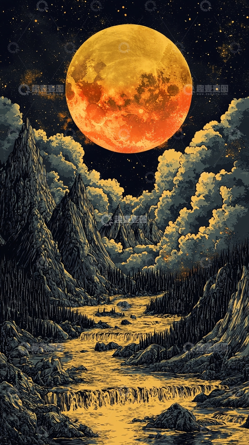 高清大图下载【趣麦麦图】夜空橙月下的山水风景