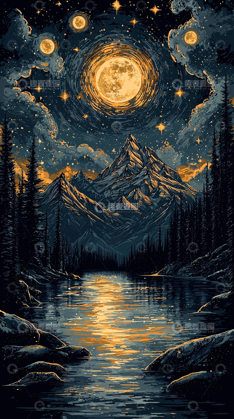 高清大图下载【趣麦麦图】夜晚山水月亮星空