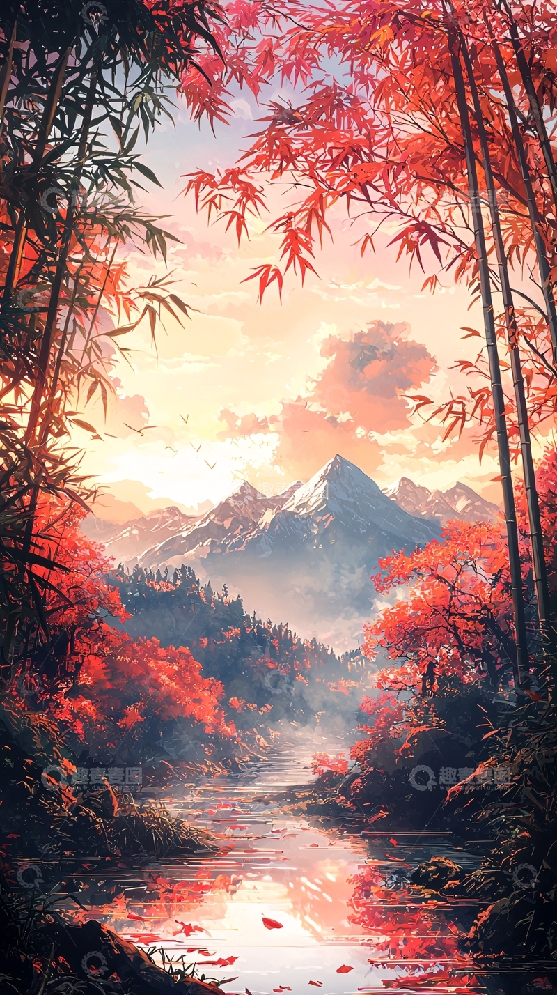 高清大图下载【趣麦麦图】红色秋叶山水唯美意境