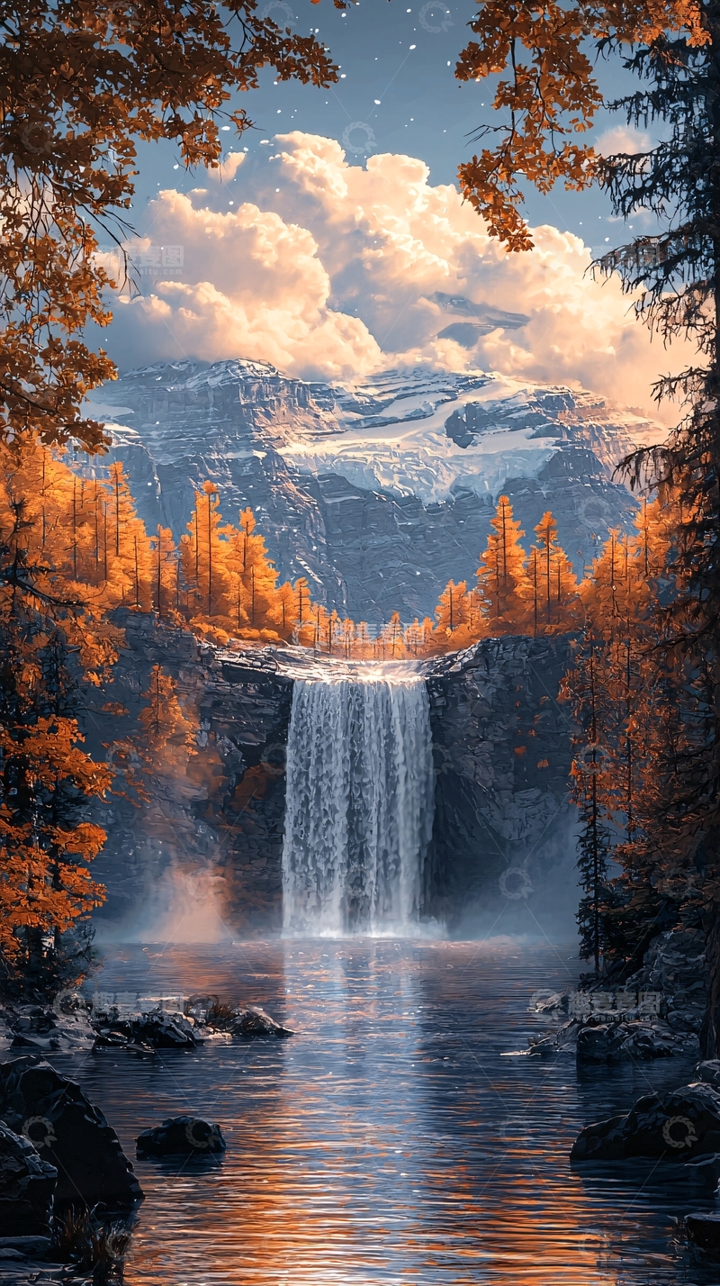 高清大图下载【趣麦麦图】瀑布森林山脉交织美景