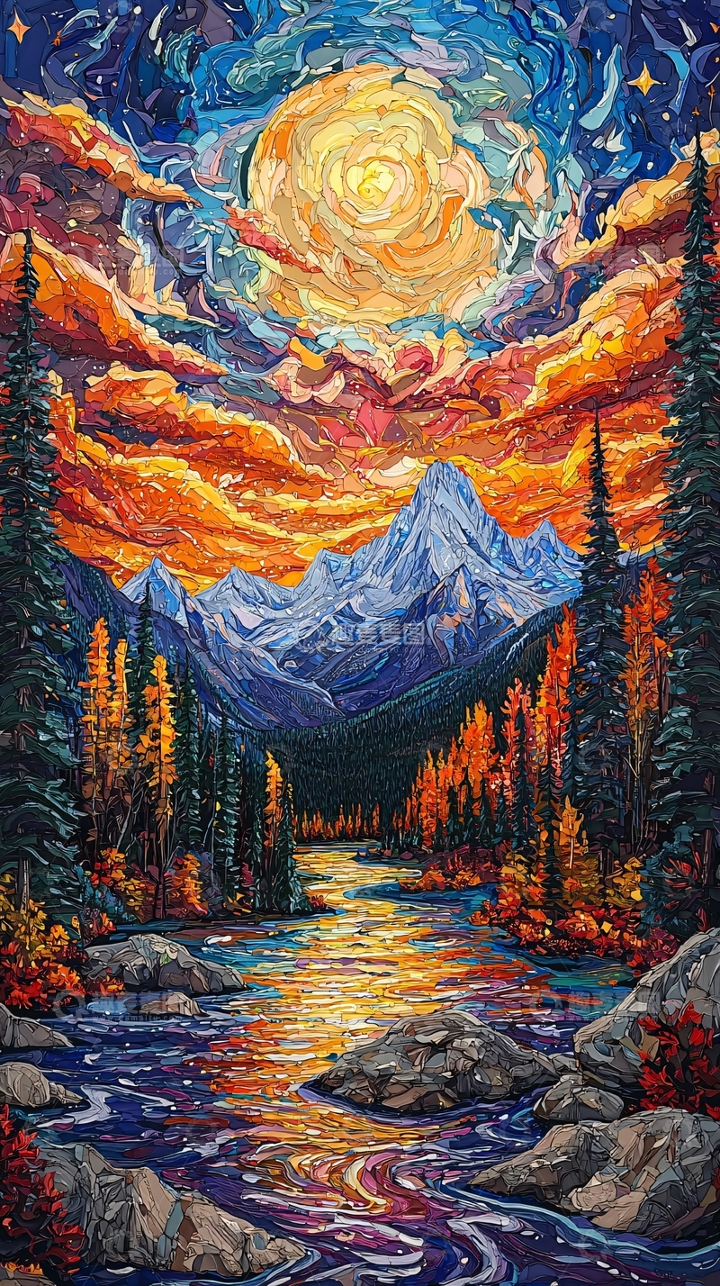 高清大图下载【趣麦麦图】油画风格的月夜山景