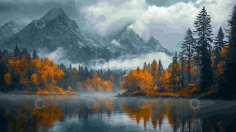高清大图下载【趣麦麦图】秋季山间湖泊雾气缭绕