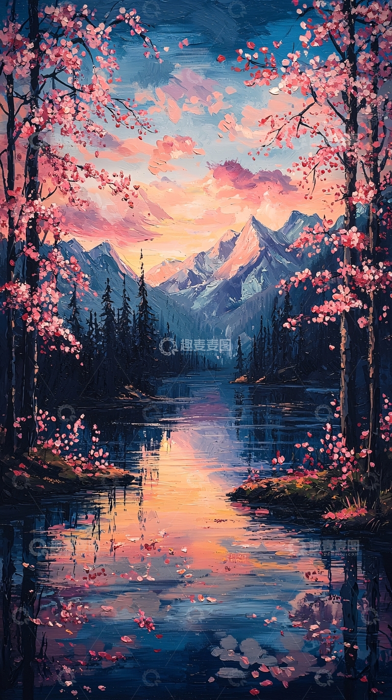 高清大图下载【趣麦麦图】粉色花朵盛开的宁静山水