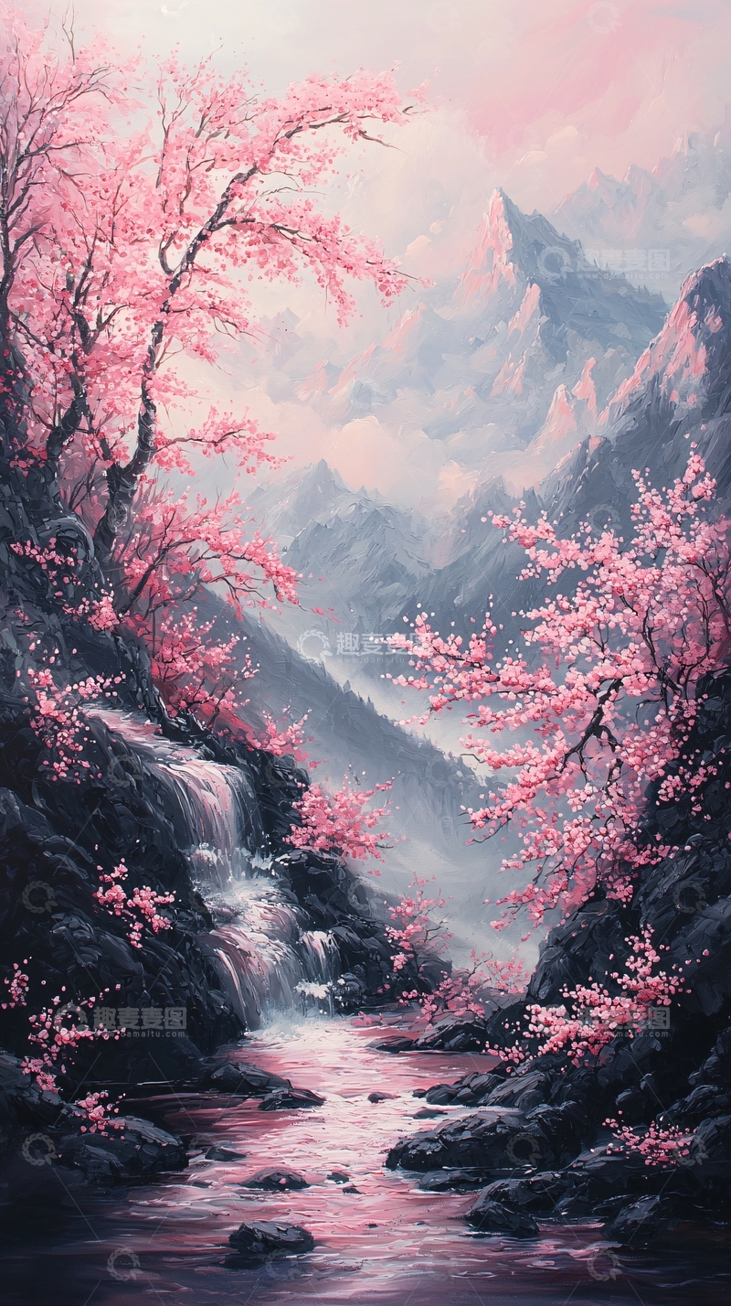 高清大图下载【趣麦麦图】粉色樱花山水意境图