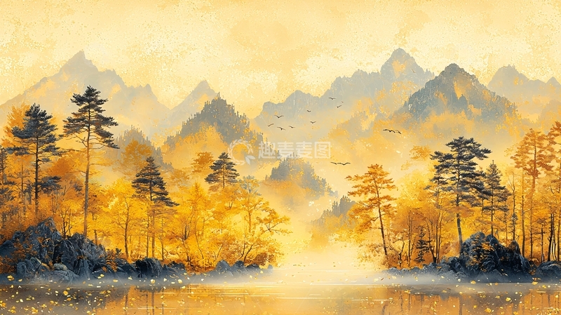 高清大图下载【趣麦麦图】金色水墨山水风景画