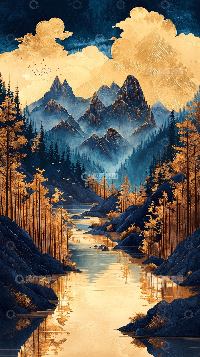 高清大图下载【趣麦麦图】金色山水画意境