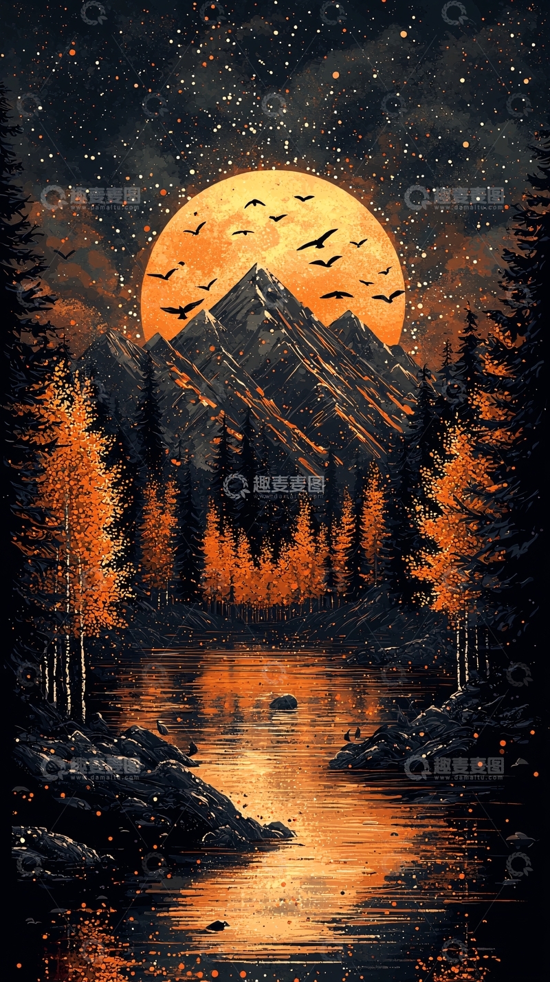 高清大图下载【趣麦麦图】月夜山林河流飞鸟
